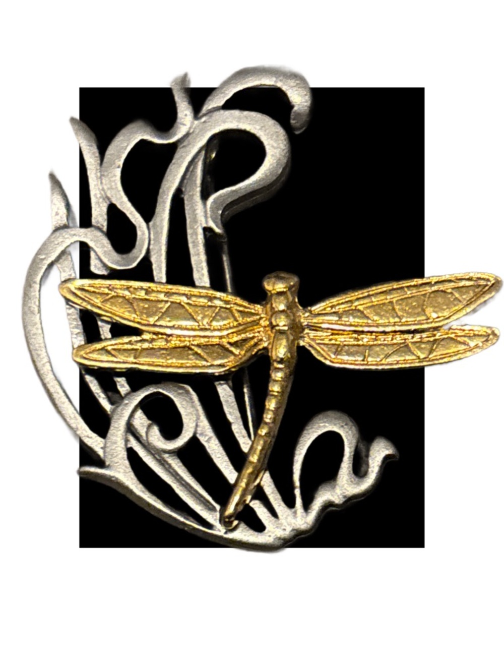 Art Nouveau Inspired Pewter & Gold Vintage Dragonfly Pin Brooch